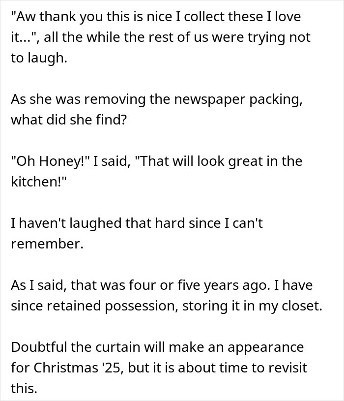 Text excerpt showing a dad&rsquo;s petty Christmas revenge after a rich aunt sneaks a cheap gift back.