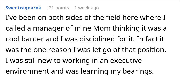 Screenshot of a Reddit comment discussing being weirded out when a coworker insists on calling her work mom.