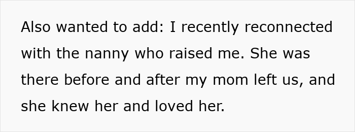 Text about reconnecting with a nanny who cared for a child after mom left, highlighting family and custody emotions.