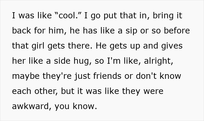 Text showing a waiter awkwardly serves a first date, leading to an uncomfortable interaction between the couple. Text showing a waiter awkwardly serves a first date, leading to an uncomfortable interaction between the couple.