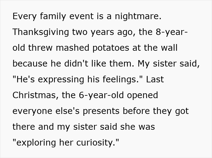 Text excerpt about an aunt declaring no Christmas gifts for unruly niblings and facing backlash from her angry sister.
