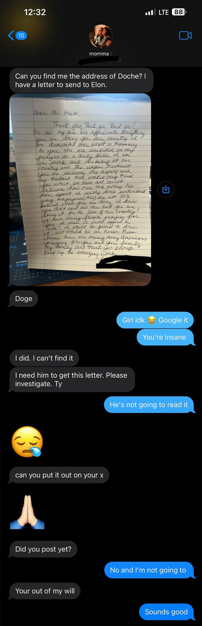 Text conversation showing a hilarious mix-up involving a letter to Elon Musk and a funny mistaken word.
