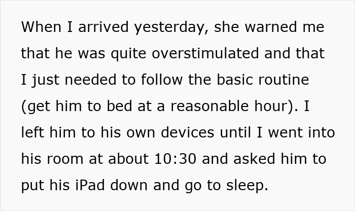 Text describing a Christmas nanny managing a kid's overstimulation and bedtime routine after a bite incident.