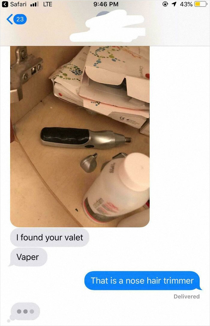 Text exchange with a hilarious misunderstanding about a nose hair trimmer mistaken for a vape, funny texts people still think about.