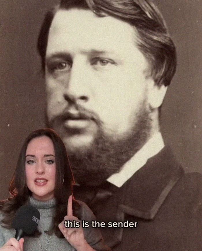 Woman with microphone explaining Victorian boyfriend letter, with large vintage portrait in background, discussing worst Victorian boyfriend.