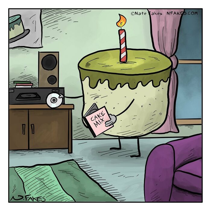 Comic by Nate Fakes showing a birthday cake character holding cake mix and a CD near a stereo in a living room.