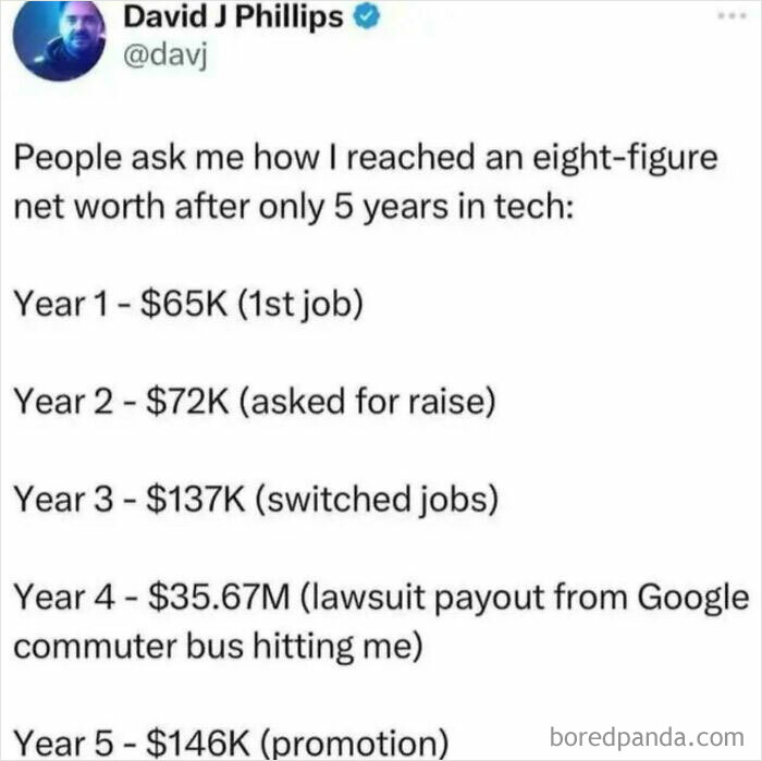 Screenshot of a chaotic non-political tweet humorously detailing a tech worker's income progression and an unexpected lawsuit payout.