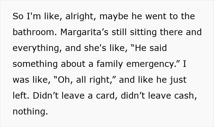 Text excerpt showing a waiter serves first date disaster story about a no-tip family emergency excuse. Text excerpt showing a waiter serves first date disaster story about a no-tip family emergency excuse.