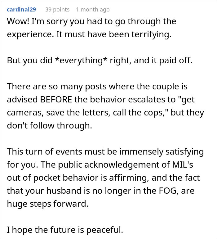 Reddit comment expressing support after woman takes out restraining order against MIL following years of marital issues.