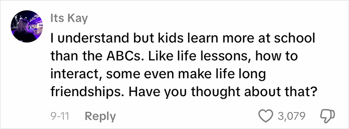 Comment discussing homeschool clip and questioning parenting choices, highlighting concerns about social and life lessons at school.