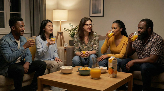 A diverse group of friends enjoying drinks and snacks while playing the best party game during a casual gathering.