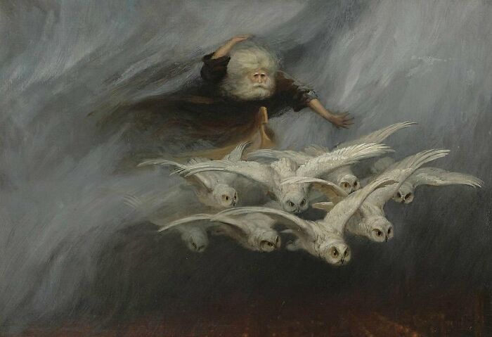 Surreal old photo capturing emotion with a ghostly figure and a flock of white owls flying through a dark sky.