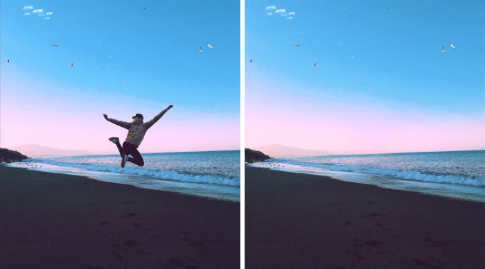 Person jumping on the beach at sunset, illustrating the contrast between school uniforms and casual wear styles.