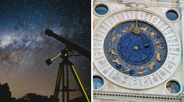 Split image showing a telescope under a starry sky and a detailed zodiac clock, linked to school uniforms vs casual wear debate.