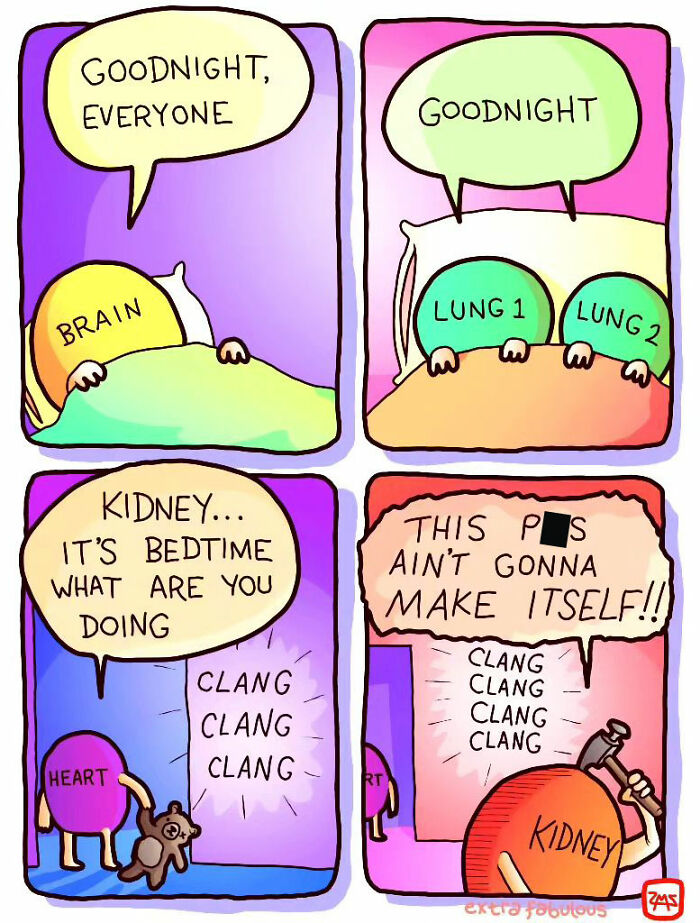 Comic strips featuring dark humor with organs personified, reflecting unexpected endings in Extra Fabulous comics style.