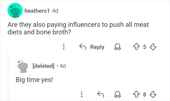 Reddit conversation highlighting skepticism about influencers promoting meat diets, related to discrediting veganism online.