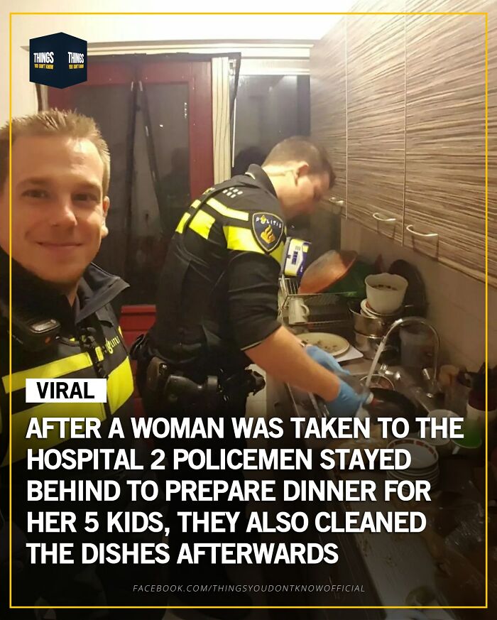 Two policemen preparing dinner and cleaning dishes, a compelling fact and story for conversation starters at dinner parties.