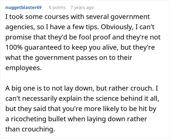 Text excerpt about mass shooting survival tips from government courses advising to crouch instead of laying down to reduce bullet risk. Text excerpt about mass shooting survival tips from government courses advising to crouch instead of laying down to reduce bullet risk.