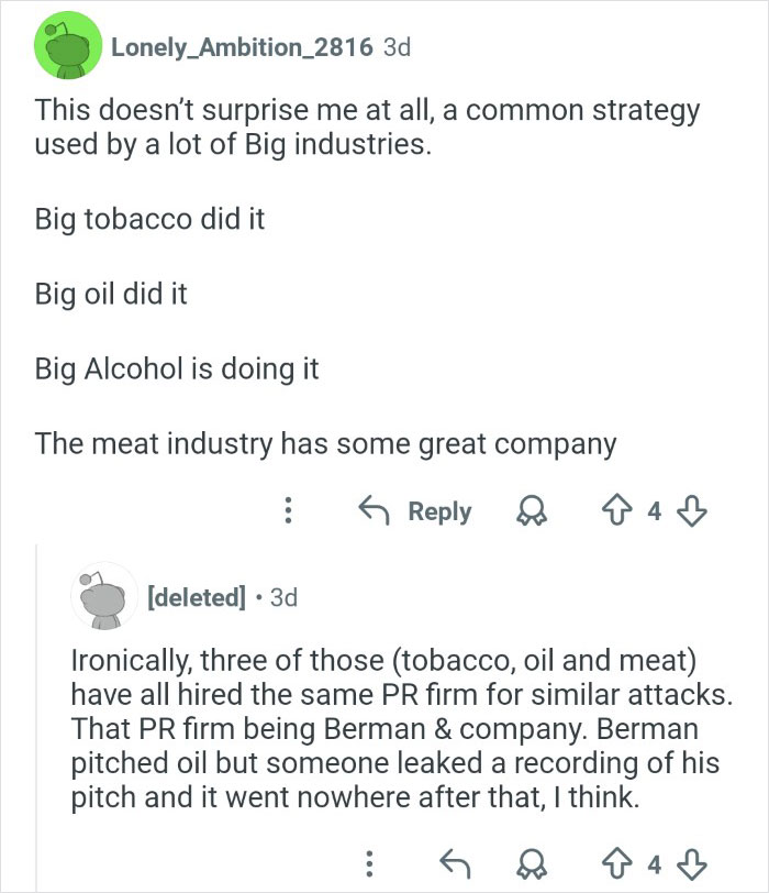 Reddit conversation about industries discrediting veganism using PR tactics to manipulate public opinion online.