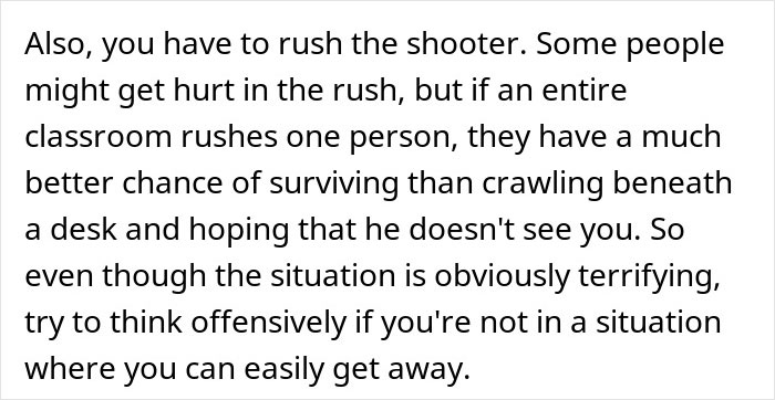 Text block explaining mass shooting survival tips, emphasizing rushing the shooter to improve chances of survival. Text block explaining mass shooting survival tips, emphasizing rushing the shooter to improve chances of survival.