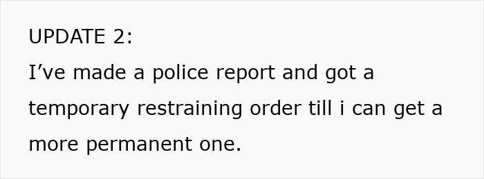 Mentally Unstable Woman update: text says police report filed and temporary restraining order obtained. Mentally Unstable Woman update: text says police report filed and temporary restraining order obtained.