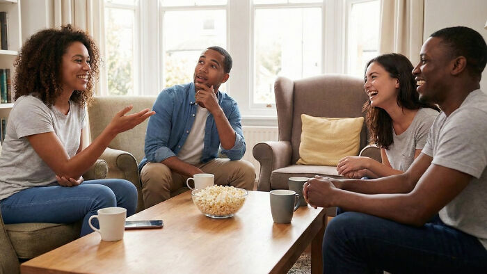 Four friends enjoying a casual moment together playing the best party game with snacks and drinks in a cozy living room.