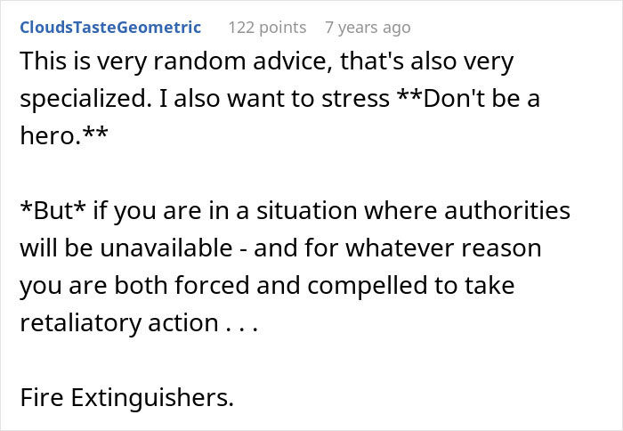 Comment highlighting survival advice during emergencies, emphasizing caution and use of fire extinguishers for mass shooting survival tips. Comment highlighting survival advice during emergencies, emphasizing caution and use of fire extinguishers for mass shooting survival tips.