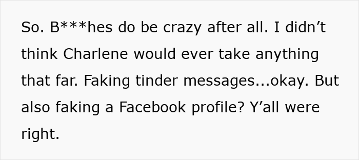 Text excerpt about a woman discovering proof of cheating and dealing with crazy ex-girlfriends&rsquo; fake profiles and messages.