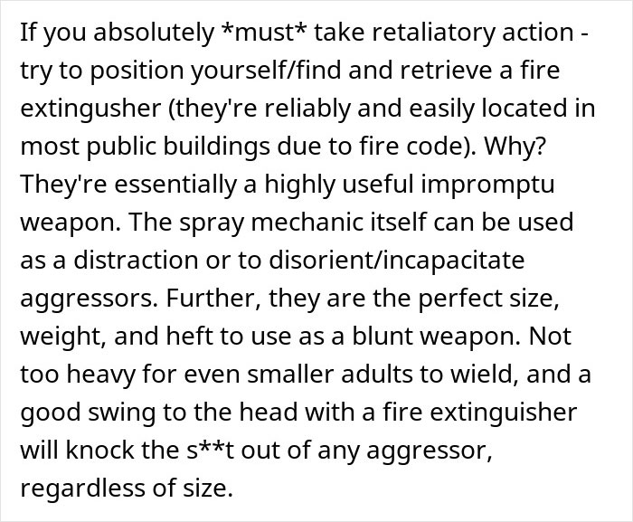 Text explaining how to use a fire extinguisher as an improvised weapon in mass shooting survival tips. Text explaining how to use a fire extinguisher as an improvised weapon in mass shooting survival tips.