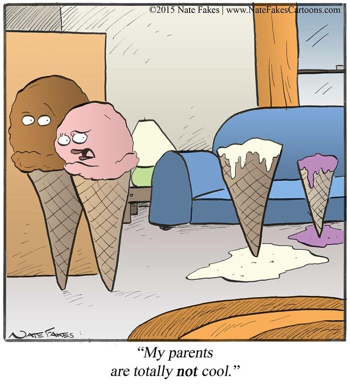 Ice cream cones with faces in a Nate Fakes comic, humorously depicting melting cones as unhappy parents in a living room.