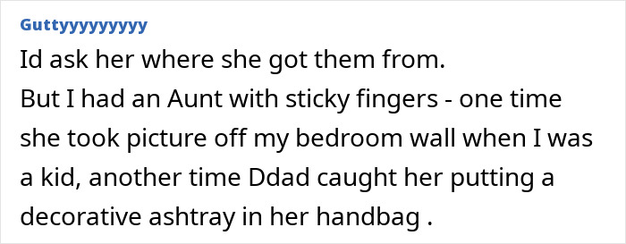 Comment about woman’s sentimental Christmas ornaments missing and spotted on mother-in-law’s tree, expressing concern. Comment about woman’s sentimental Christmas ornaments missing and spotted on mother-in-law’s tree, expressing concern.