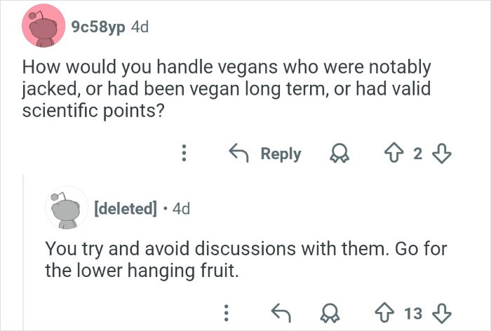 Reddit conversation discussing strategies to handle vegans, related to ex-employee who discredited veganism online insights.