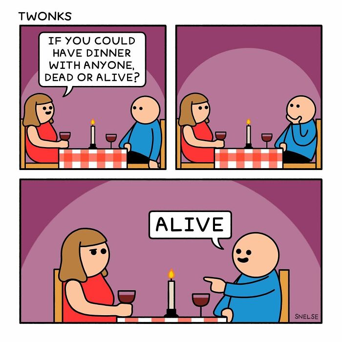 Comic illustration showing a humorous dinner conversation between two people, created to make people chuckle.