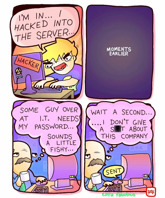 Cartoon comic with dark humor depicting a hacker and unexpected office password scene from Extra Fabulous Comics.