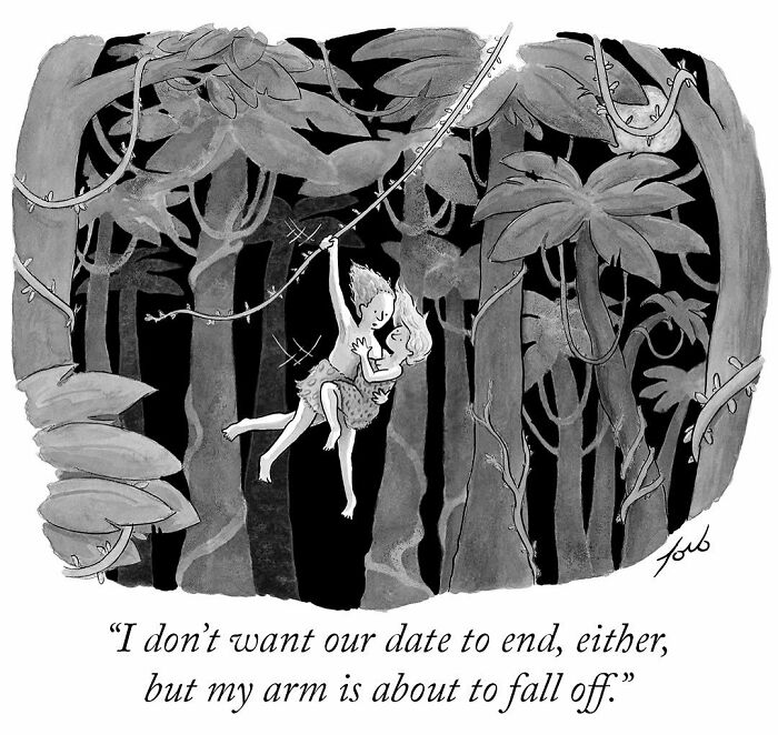 One-panel comic by Tom Toro showing a couple swinging on a vine in a jungle with a humorous caption.