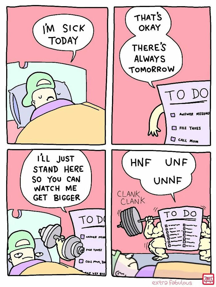 Comic strip from Extra Fabulous Comics showing dark humor with a to-do list getting stronger and a sick character in bed.