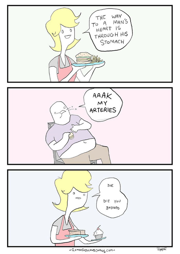 A dark humor comic from Extra Fabulous Comics showing unexpected and ironic dialogue between two characters.