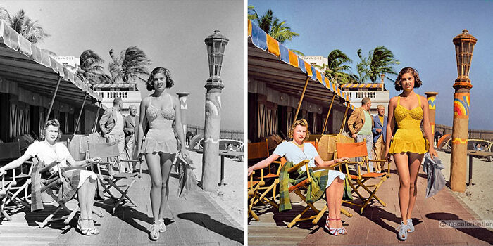 Side-by-side black and colorized vintage photo of two women at a sunny beachside cafe, showcasing artist colorizing old photos.