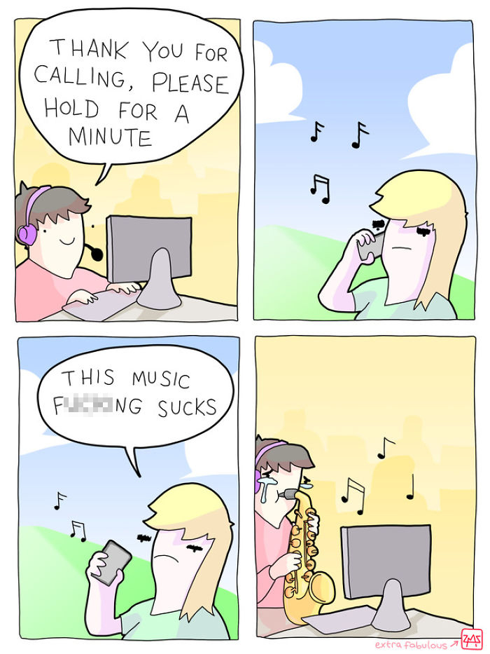 Comic strip from Extra Fabulous Comics showing dark humor with unexpected endings involving a customer service call and saxophone music.