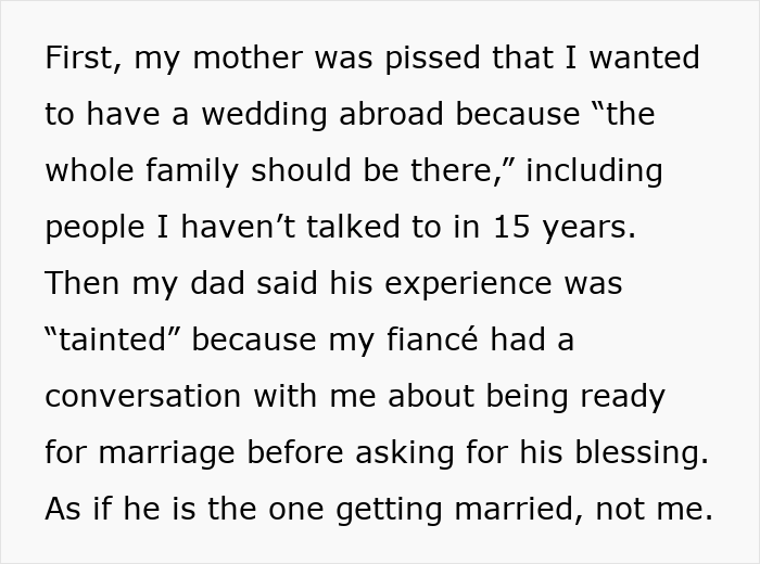 Text excerpt describing bride’s parents causing drama over wedding plans and great aunt’s reaction and uninvitation. Text excerpt describing bride’s parents causing drama over wedding plans and great aunt’s reaction and uninvitation.