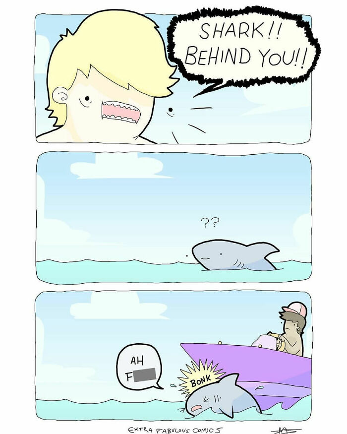 Cartoon from Extra Fabulous Comics showing dark humor with a shark and unexpected, funny ending.