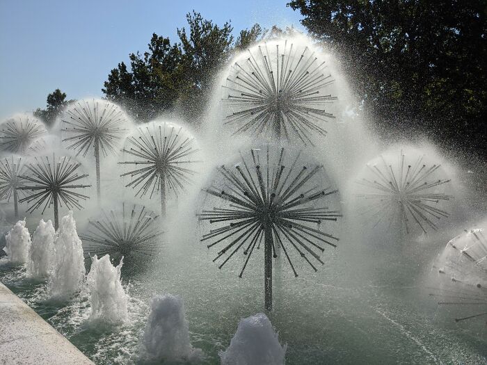 Innovative designer water fountain with dandelion-shaped sprays creating a smart and cool outdoor installation.