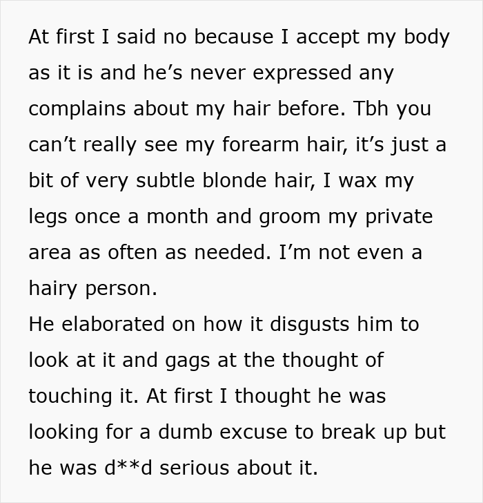 Text excerpt about a boyfriend demanding laser removal of all body hair from his girlfriend, causing backlash online.