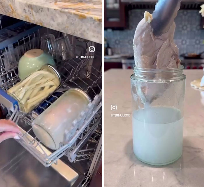 Canned food being placed in a dishwasher and cooked, showing a jar with cooked chicken removed using tongs.
