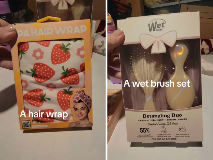 Christmas gift haul showing a strawberry hair wrap and a wet brush detangling duo for daughter hair care. Christmas gift haul showing a strawberry hair wrap and a wet brush detangling duo for daughter hair care.