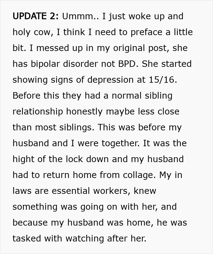 Text update explaining a woman hospitalized after family intervention due to obsession with brother and mental health struggles.