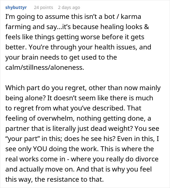 Comment discussing a woman&rsquo;s healing and regrets after divorce, sharing insights on moving on and personal growth.