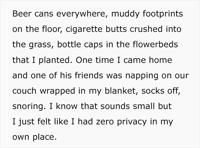 Messy house with beer cans, muddy footprints, and cigarette butts showing boys&rsquo; nights gone too far and woman upset.