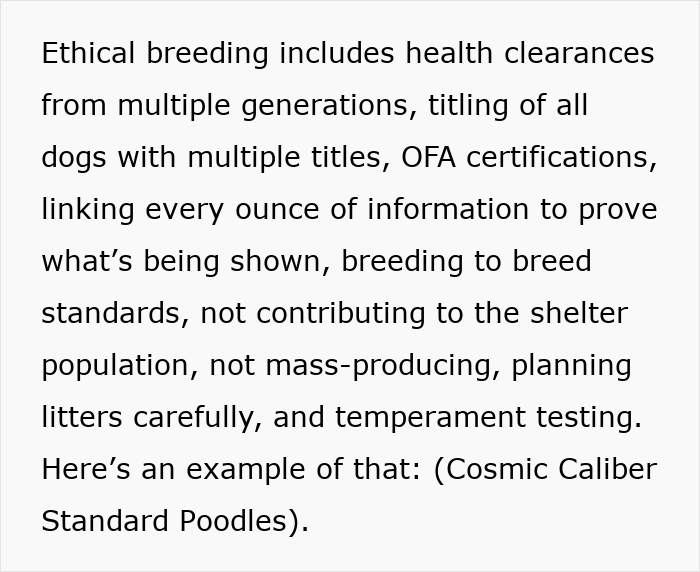 Text explaining ethical breeding practices and health clearances in dogs, relevant to entitled mother expenses split son girlfriend.