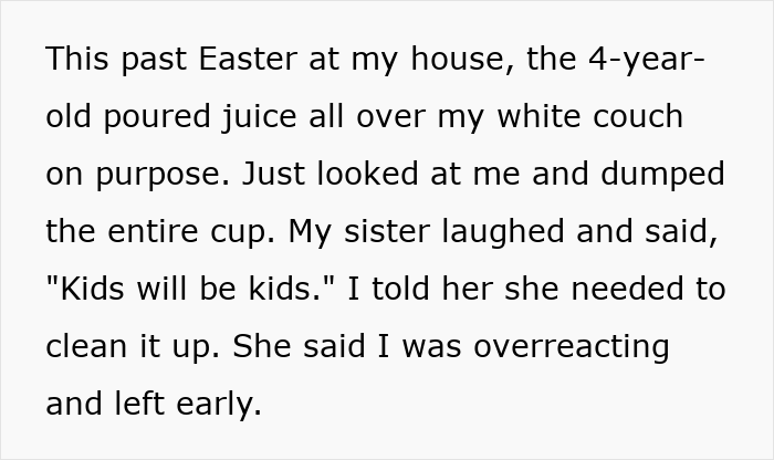 Text about a 4-year-old spilling juice on a white couch, leading to family conflict over unruly niblings and no Christmas gifts.